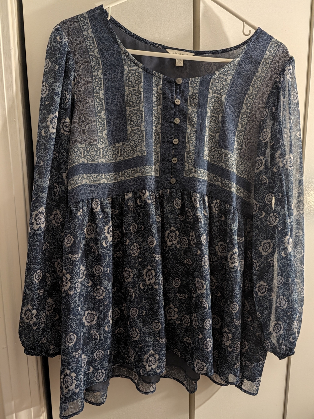 Lucky Brand Blue Paisley Floral Button-Front Peasant Tunic